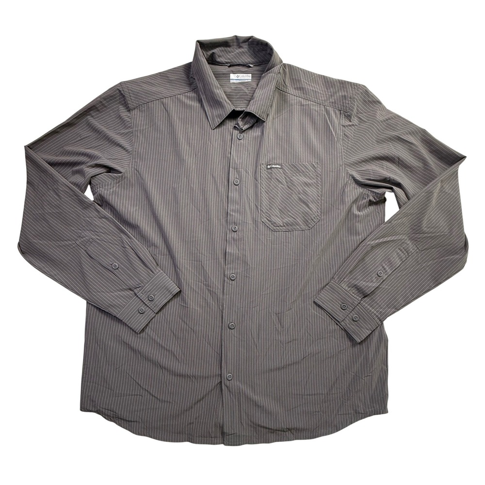 Columbia Mens XL Grey Pinstripe Long Sleeve Button Down Stretch Shirt-2581